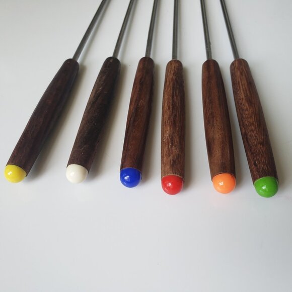 Set of 6 Vintage Fondue Forks MCM Japan Wooden Handles Stainless Steel - Picture 6 of 8